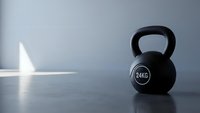 Black 24kg kettlebell on wooden floor in modern gym interior with natural lighting for strength training and fitness workouts.