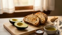 Freshly sliced artisan bread with ripe avocado halves on wooden cutting board in warm kitchen setting for healthy breakfast or cooking preparation.