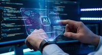Businessman hands holding futuristic holographic interface with artificial intelligence technology and data analytics in modern digital workspace.