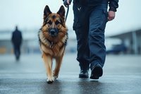 Police officer walking with German Shepherd patrol dog on duty in urban environment. Professional K9 unit training and security service concept.