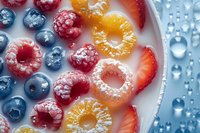 Fresh berries and fruit slices arranged in yogurt with water droplets, creating a refreshing healthy breakfast or dessert presentation.