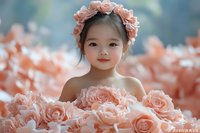 Young Asian girl wearing floral crown surrounded by soft pink roses, creating dreamy spring portrait with natural bokeh background and gentle lighting.