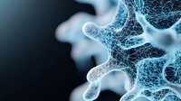 Microscopic view of virus structure in glowing blue and white on dark background showing detailed molecular network and protein spikes.