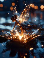 Magical fairy with crystal wings hovering over glowing flower in dark mystical forest setting with bokeh lights and sparkles creating enchanted atmosphere.