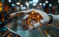 Robotic arm with glowing golden light effects reaching forward against blurred technological background, showcasing advanced automation and artificial intelligence.