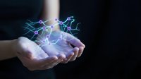 Human hands cupping glowing electric energy with purple and blue lightning bolts against dark background for technology and power concepts.