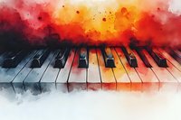 Piano keys in dramatic watercolor style with vibrant red and orange abstract background, artistic musical instrument close-up view showing black and white keys.