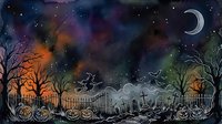 Watercolor Halloween night scene with witch, bats, graveyard, pumpkins, crescent moon, and colorful spooky sky over cemetery fence.