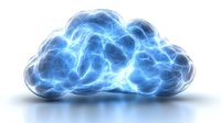 Glowing blue cloud shape with lightning effect and energy streams on dark background, digital technology concept for cloud computing and data storage.