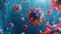 Microscopic view of virus cell with spike proteins floating in blue fluid environment, showing detailed molecular structure in medical science visualization.