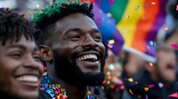 Young African American man with bright genuine smile celebrating at pride parade amid colorful confetti and rainbow flags, expressing joy and authenticity during festivities.