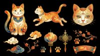 Ornate golden cat illustrations with Asian-inspired decorative elements, isolated on transparent background. Perfect for t-shirt designs, clipart, stickers, sublimation, and print-on-demand products.