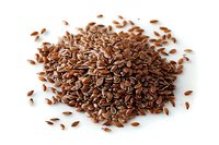 Heap of brown flax seeds on white background, nutritious superfood rich in omega-3 fatty acids and fiber for healthy eating.
