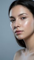 Young woman with glowing dewy skin and natural makeup showcasing skincare routine and beauty treatment results for cosmetic advertising.