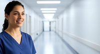 Female healthcare professional with dark hair and South Asian ethnicity wearing blue medical scrubs in a modern hospital corridor with fluorescent lighting.