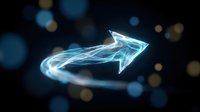Glowing neon arrow pointing right on dark background with bokeh lights, representing growth, progress, direction, and forward movement for business concepts.