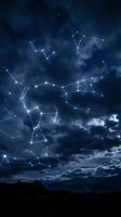 Glowing constellations mapped across a dramatic dark blue night sky above mountain silhouettes, with stars and moody clouds creating a mystical cosmic scene.