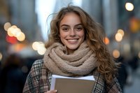 Young Caucasian woman with wavy hair and bright smile wearing cozy beige scarf and plaid coat holding digital tablet outdoors against blurred city lights background.