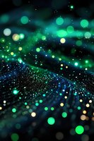 Magical green and blue bokeh lights creating dreamy abstract background with glowing particles and defocused circles for festive designs and celebrations.