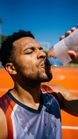 Male athlete of African descent drinking water from bottle during outdoor sports training on sunny day with clear blue sky.