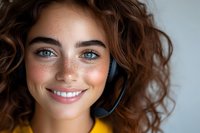 Young Caucasian woman with curly brown hair, bright blue eyes and freckles wearing yellow top and headset smiles warmly at camera showing natural beauty and confidence.