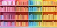 Colorful rainbow gradient bookshelf with books arranged by color from pink to yellow, creating vibrant spectrum display in library or bookstore interior.