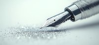Elegant fountain pen nib with metallic silver finish on glittery surface creates luxurious writing atmosphere. Close-up macro photography highlights intricate details and craftsmanship.