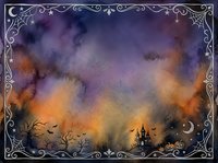 Watercolor Halloween night background with haunted castle, bats, pumpkins, spooky trees, and ornate border for seasonal cards and invitations.