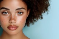 Young African American woman with natural afro hair, freckles and glowing skin against turquoise background. Close up beauty portrait showcasing natural makeup look.