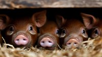 Three curious piglets with pink snouts peeking through hay in barn, close-up view showing sweet expressions and brown fur. Captures innocent farm animal moment.