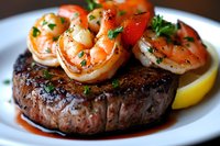 Grilled beef steak topped with seared jumbo shrimp, garnished with fresh herbs and lemon wedge on white plate, served in restaurant style with sauce.