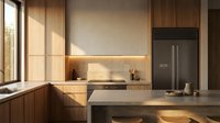 Modern minimalist kitchen with warm wood cabinets, concrete countertops and natural sunlight streaming through large windows creating elegant shadows.