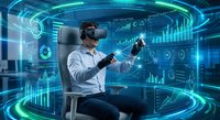 Young Asian businessman using VR headset interacting with holographic data analytics dashboard in futuristic digital environment for business technology.