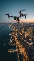 Professional drone hovering above illuminated city skyline at dusk with harbor and skyscrapers for aerial photography and urban surveillance applications.