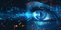 Futuristic digital eye with glowing blue cybernetic circuits and HUD interface elements, perfect for technology, AI, biometric scanning, and digital transformation concepts.