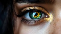 Striking close-up of bright green eye with golden glitter makeup and long eyelashes against pale skin with natural freckles, showcasing dramatic beauty and artistic cosmetics.