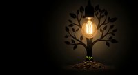 Glowing light bulb growing as tree with branches and leaves from soil, symbolizing innovation, creativity, green energy and sustainable business growth concept.