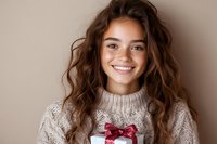 Young woman with wavy brown hair wearing knit sweater holds wrapped present with red bow, expressing genuine joy with bright smile against neutral background.