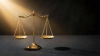 Golden scales of justice illuminated by dramatic light beam against dark background symbolizing law, legal system, fairness and judicial balance.