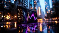 Financial data graph glowing in purple neon against blurred urban nightscape with bokeh lights reflecting on wet surface, showing market analysis visualization.