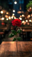 Single red rose on wooden table with romantic bokeh lights in background creates magical evening atmosphere. Perfect for Valentine's Day or anniversary designs.