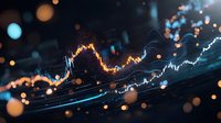 Financial market data visualization with glowing orange and blue trading charts showing price movements against dark background with bokeh light effects.