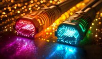 Network cables with glowing fiber optic lights in pink and blue colors against dark background with golden bokeh effect, showcasing modern connectivity technology.