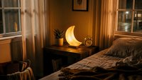 Cozy bedroom interior with glowing crescent moon lamp on nightstand creating warm ambient lighting for relaxation and sleep.