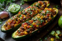 Stuffed zucchini boats filled with colorful vegetable medley, herbs and spices on rustic wooden board for healthy cooking and meal preparation.