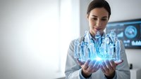 Female doctor holding holographic medical team projection in modern healthcare facility showcasing digital medicine and telemedicine innovation concepts.