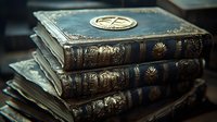 Antique leather-bound books with ornate gold embossing and decorative elements stacked together, featuring intricate spine designs and metallic medallion on top cover.