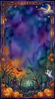 Spooky night sky with crescent moon, stars, and clouds above haunted graveyard scene featuring jack-o-lanterns, ghosts, bare trees, and ornate gold decorative border frame. Watercolor style.