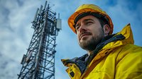 Confident telecommunications engineer in yellow safety jacket and hard hat inspecting cellular tower against blue sky with dramatic clouds.