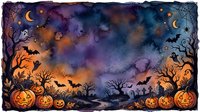 Halloween night scene with carved pumpkins, bare trees, flying bats and crescent moon creating spooky autumn atmosphere for seasonal decorations.